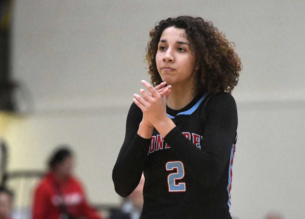 Monterey's Aaliyah Chavez claps her hands after missing a 3 against Amarillo in the UIL 5A Region I quarterfinals on Monday at the Hutcherson Center in Plainview.